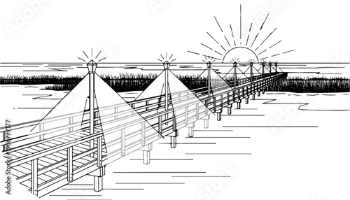 A wooden pier with lamps extends into calm water towards a rising sun