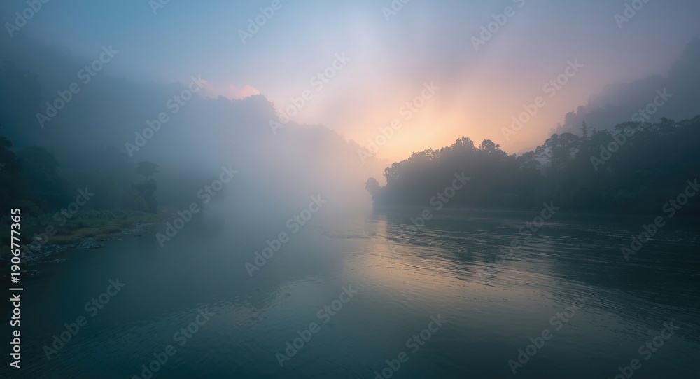 Fototapeta premium Enchanting misty riverscape with dense fog and early light reflections