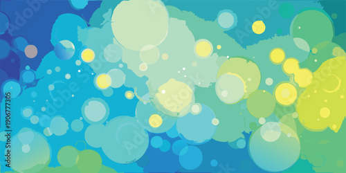 A lively abstract background features vibrant blue, green, and yellow bokeh circles and splatters.
