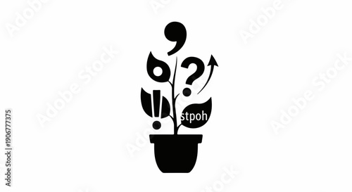 Creative plant sprouts punctuation marks and question marks, symbolizing growth of ideas and communication.