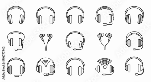 A variety of headphone and earbud icons are displayed in a grid