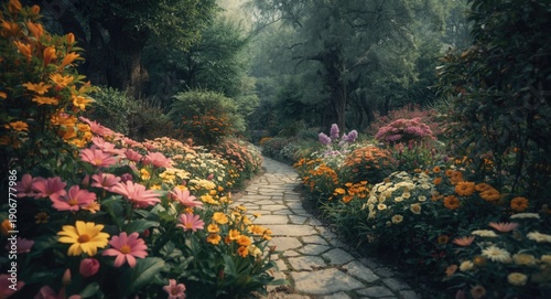 Colorful flower garden with a winding stone path and lush greenery
