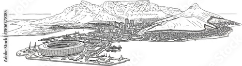 Artistic sketch of a coastal city nestled against majestic mountains and a stadium