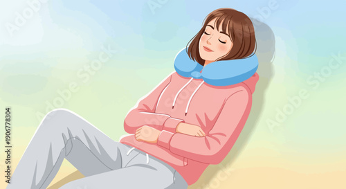 A young person in casual clothes with a neck pillow sleeps peacefully