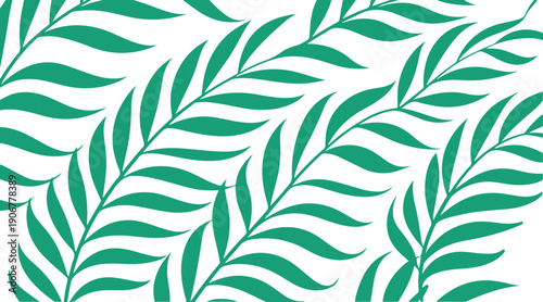 A seamless pattern of vibrant green palm fronds, intricately detailed and symmetrically arranged against a clean white background