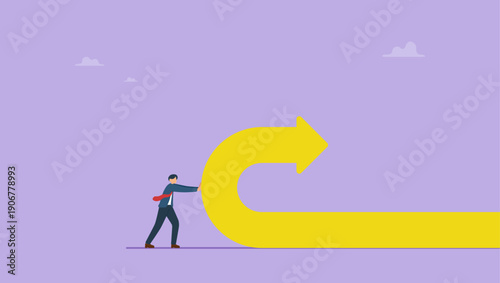 Businessman push back arrow symbol. Change of a direction, Businessman changing the path of a huge arrow to suggest a positive increase.