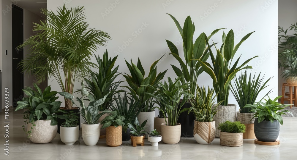 Fototapeta premium House interior showcasing a modern collection of plants in different stylish pots