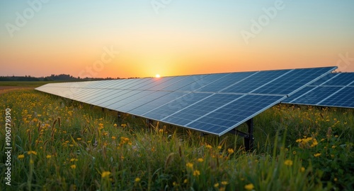 Innovative solar panels generating green energy in natural fields at sunset with copy space