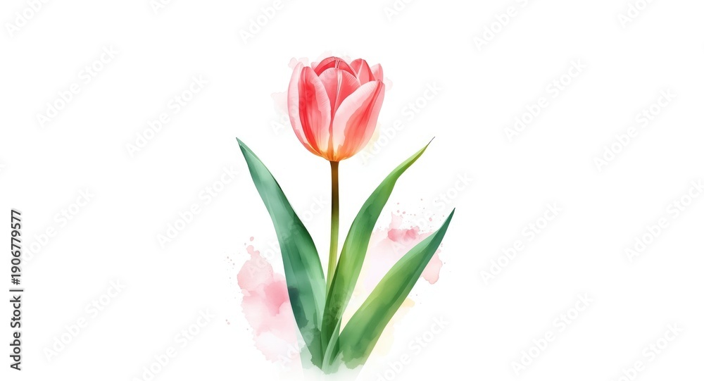 Fototapeta premium Artistic watercolor pink tulip with vibrant green foliage isolated on white