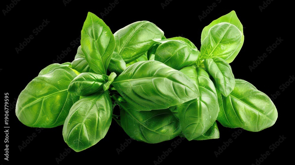 Fototapeta premium Fresh green basil leaves on black background