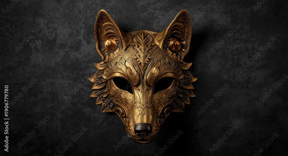 Fototapeta premium Artistic golden wolf metal mask displayed against a richly textured dark background