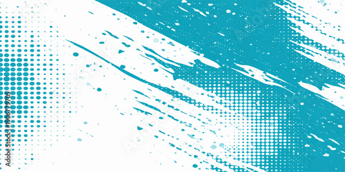 An abstract blue grunge background design featuring watercolor paint splashes and vector dot patterns with a 3D liquid ink texture on a light paper banner