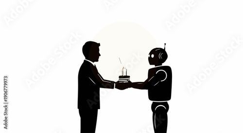 Human and robot celebrate together with a small cake and candle, symbolizing partnership and future.