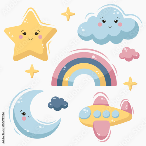 Cute baby dream elements set with stars, clouds, moon, rainbow and airplane. Perfect for nursery design, kids patterns and sleep themed illustrations.