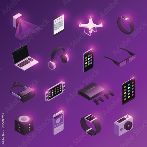 Isometric electronic gadgets with neon purple glowing light effect vector