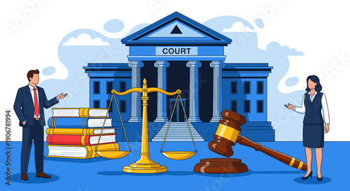 A man and woman standing near a courthouse with a scale and gavel.