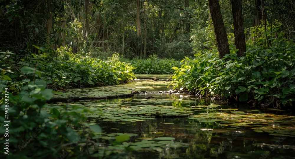 Obraz premium A peaceful stream running through a thick forest covered with water lilies and towering vegetation
