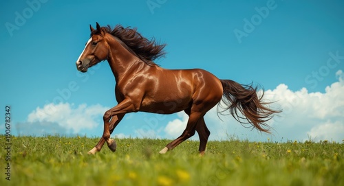 Joyful bay horse galloping energetically on soft green summer grass field full length