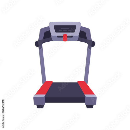 treadmill machine, cardio fitness equipment, red belt, colorful vector flat style illustration
