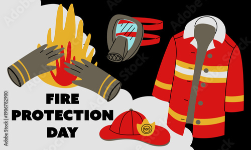 Fire Protection Day banner with firefighter uniform and protective gear. Flat vector illustration with helmet, jacket and gloves for professional holiday posters or rescue service design projects