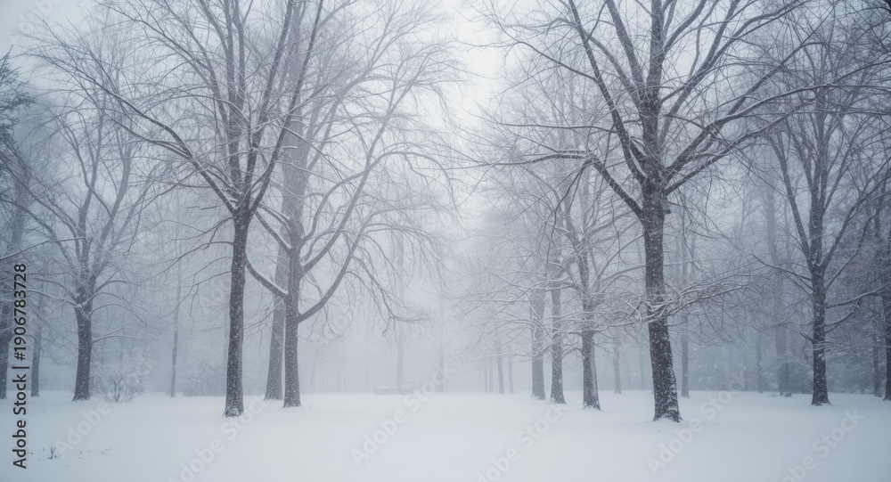Obraz premium A tranquil winter park with trees stripped of leaves in snowfall