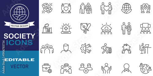 Set of society outline icons. Containing icons related to education, healthcare, agriculture, economy, justice, technology, home, healthcare, society, infrastructure and more. Vector illustration.