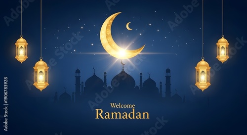 Elegant Ramadan illustration with a glowing crescent moon above a peaceful mosque silhouette, warm golden lanterns, and a calm spiritual night atmosphere