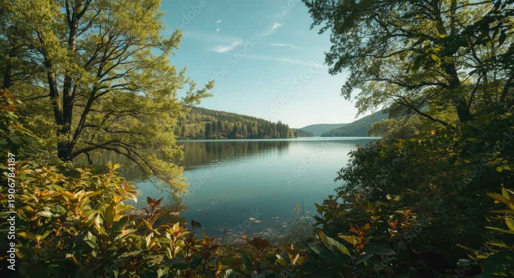 Fototapeta premium Lakeside panorama showcasing abundant plant life and water