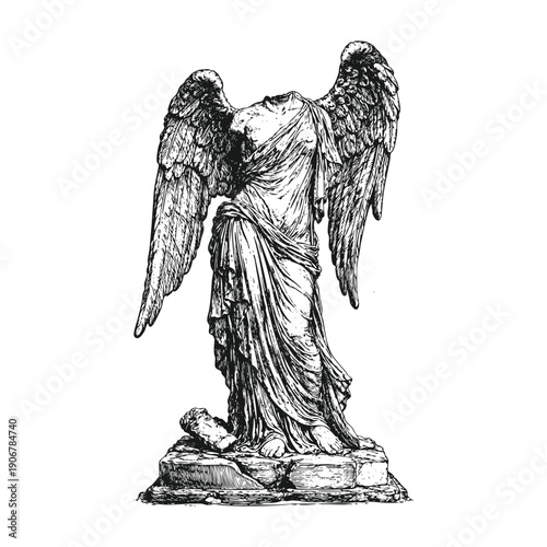 Vintage Engraving Style Illustration of a Headless Winged Victory Statue Vector
