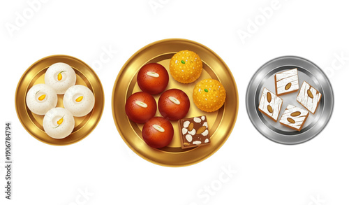 Traditional Indian sweets thali top view with rasgulla gulab jamun laddu barfi