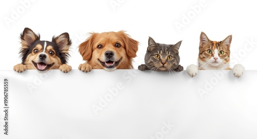 Joyful dogs and cats peeping from a crisp white banner with paws gently hanging