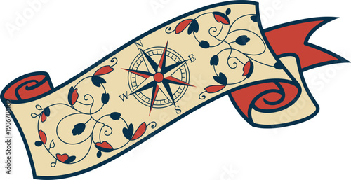 Vintage nautical ribbon banner vector, old map scroll with compass rose and floral floral decoration