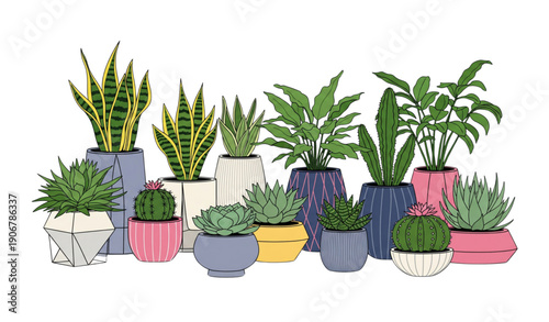 Decorative potted plant vector art on white surface for interior and lifestyle