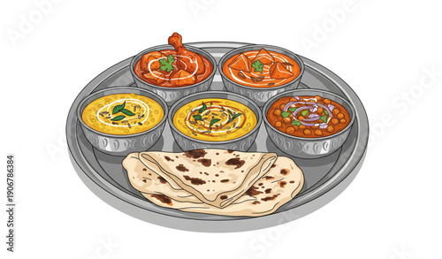 Traditional Indian curry thali vector art with naan bread