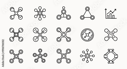 Collection of modern drone and technology line icons, including quadcopters, network connections, and data analysis symbols for digital design.