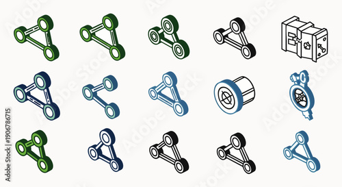 Modern 3D isometric icon set featuring abstract geometric shapes, network connections, and technology symbols in multiple colors for digital design projects.
