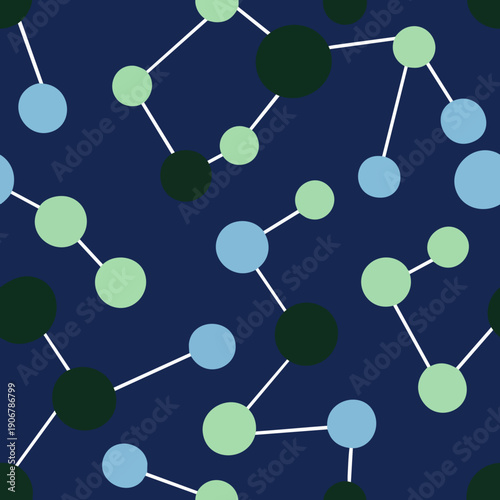 Abstract seamless pattern of interconnected circles and lines, evoking scientific structures, digital networks, and technological connections on a deep blue background.