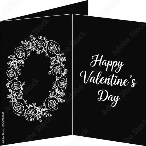A black valentines day card with a white floral wreath and greeting.