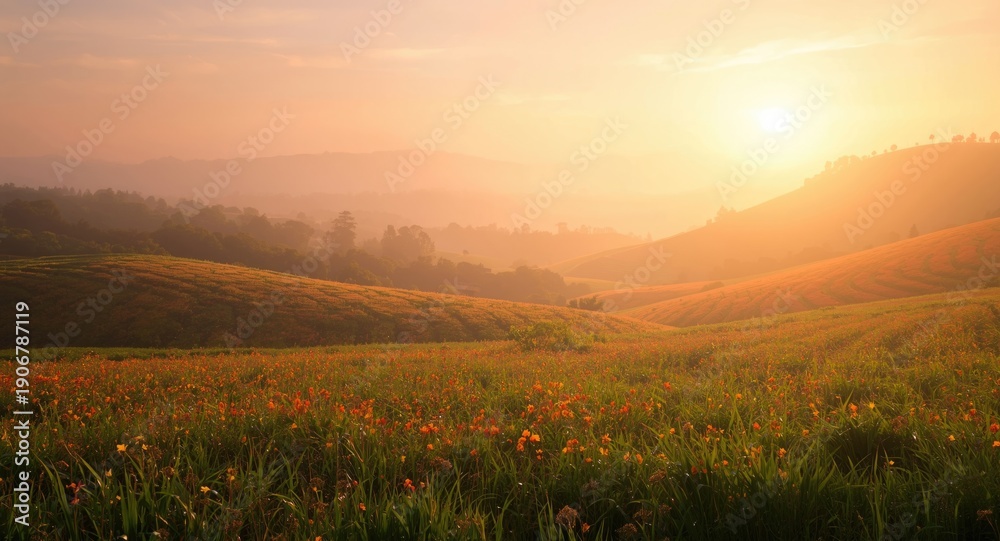 Obraz premium Luminous dawn spreading colorful light on raised fields