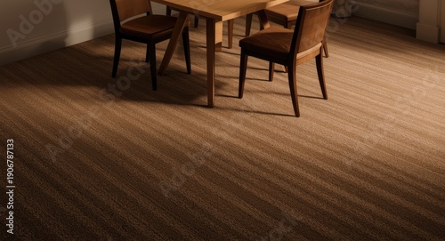 Interior setting with practical use of space featuring table and chairs on brown carpet texture