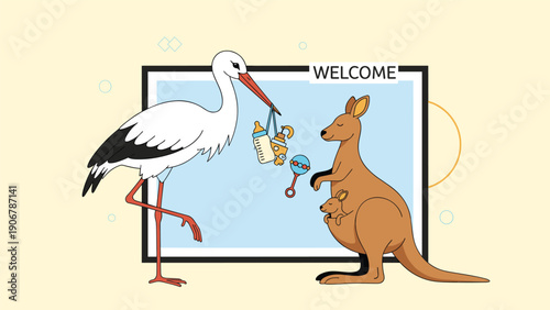 Stork delivers baby supplies to a kangaroo with a joey in its pouch in front of a welcome sign for a newborn arrival announcement.