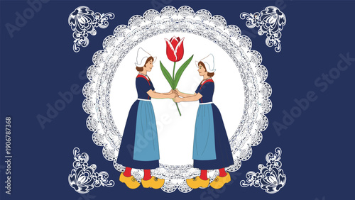 Two girls in traditional dutch outfits with clogs are holding a large red tulip inside a white lace frame on a navy blue background.