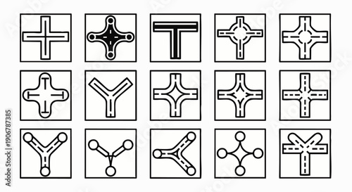 Set of diverse road intersection icons illustrating various junction types for navigation, mapping, and traffic flow concepts in a clean, minimalist vector design.