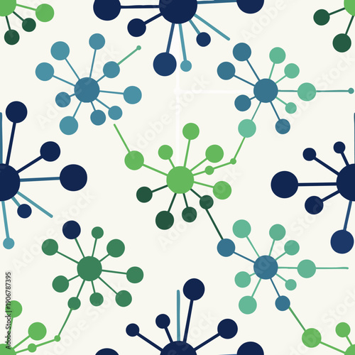Abstract seamless pattern with retro mid-century modern geometric shapes in blue and green. Molecular, atomic, or starburst design background for digital and print.