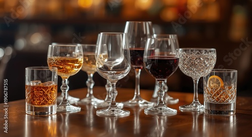 Diverse collection of alcoholic beverages presented in stemmed glassware on table