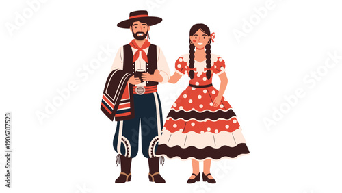 Man and woman in traditional argentine gaucho costumes are standing together against a white background for a cultural heritage theme.