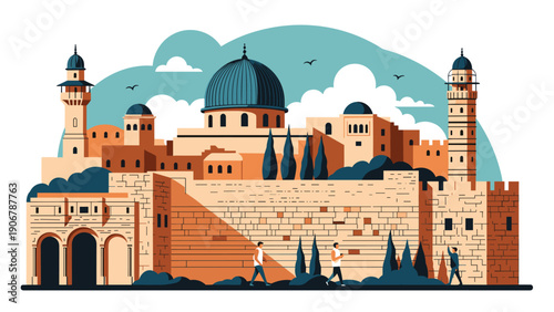 Stylized illustration shows the historic old city of jerusalem with its stone walls, domes, minarets, and people walking nearby.