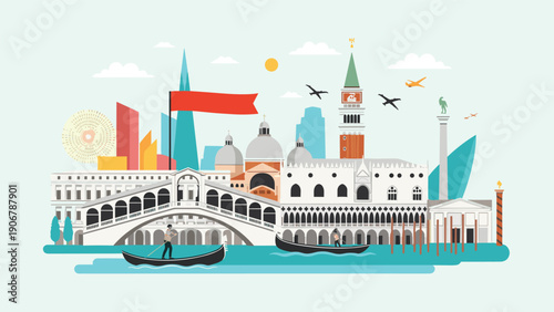 Colorful collage of venice landmarks includes the rialto bridge, gondolas on a canal, and various historic buildings in a flat design style.