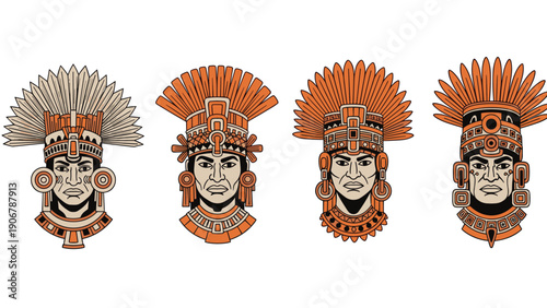 Four detailed illustrations of ancient aztec or mayan warrior heads with elaborate feathered headdresses are shown in a row.
