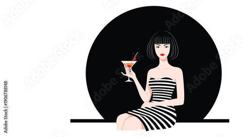 Elegant woman with a black bob haircut sits in a striped dress while holding a cocktail glass against a large black circle.